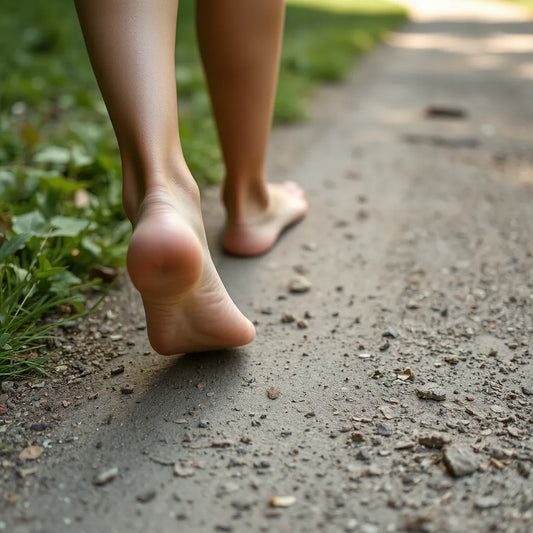 Chůze po cestě v barefoot stylu botách s viditelně přirozeným postavením nohy a prstů