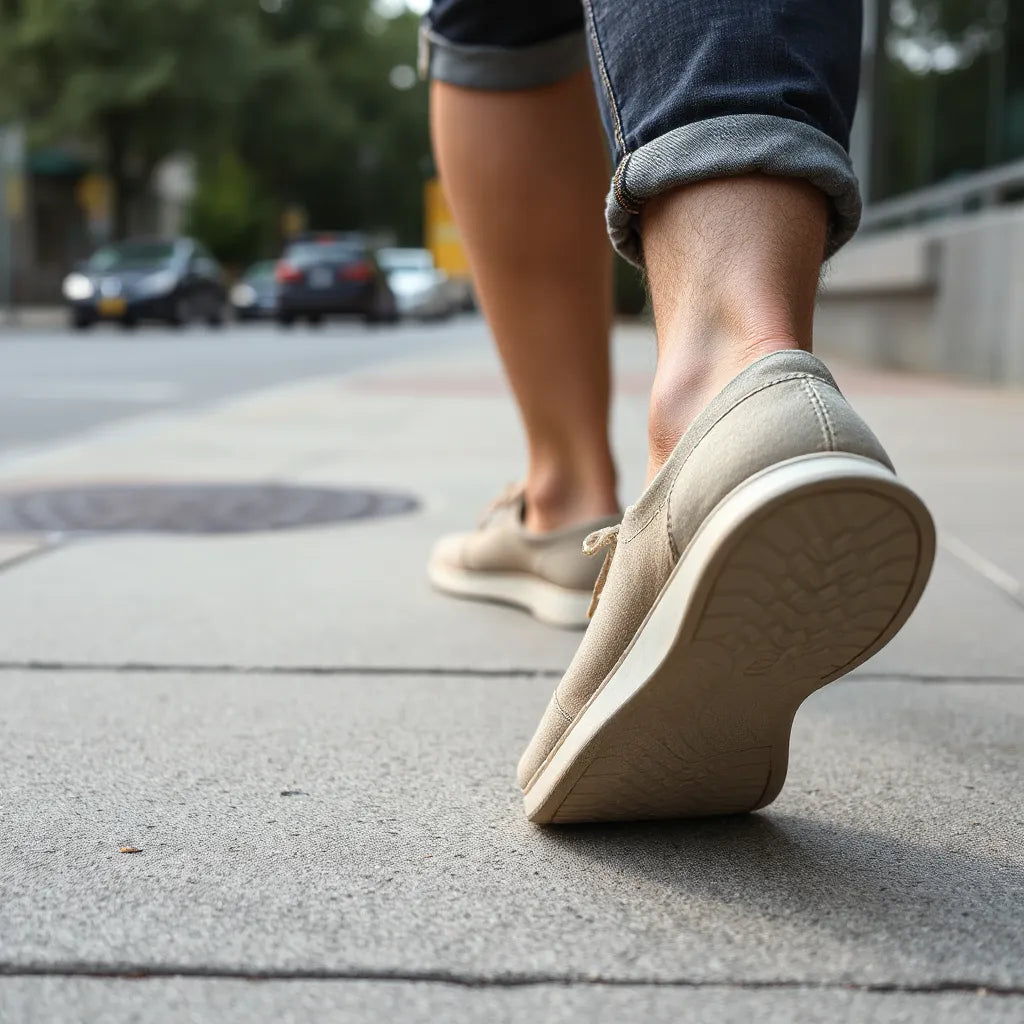 Noha v ergonomické ortopedické obuvi při chůzi na městském chodníku, s patrnou podporou chodidla