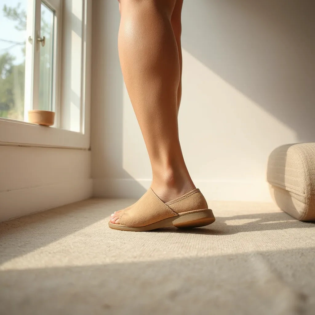 Osoba v teplých barefoot botách s flexibilní podrážkou a prostorem pro prsty v neutrálním interiéru