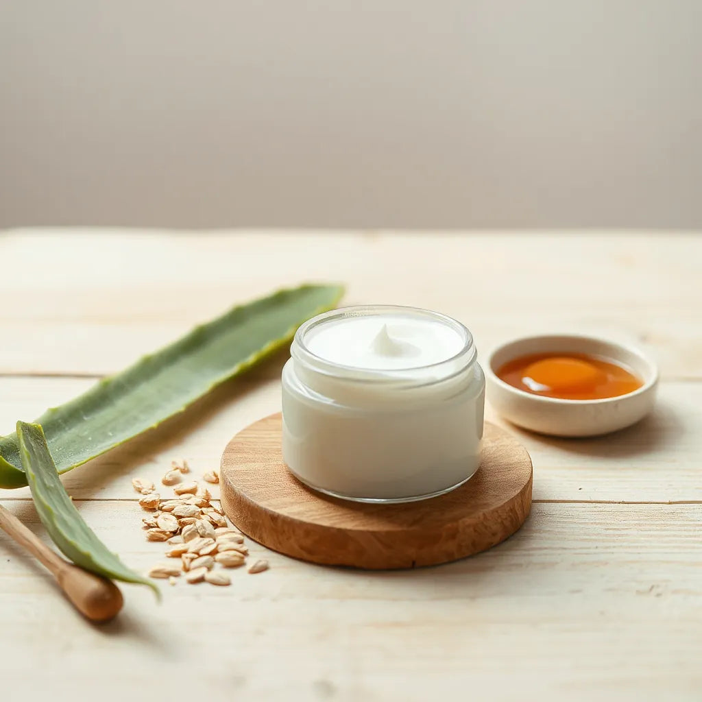 Sklenička přírodního hydratačního krému na obličej vedle aloe a medu na světlém dřevě