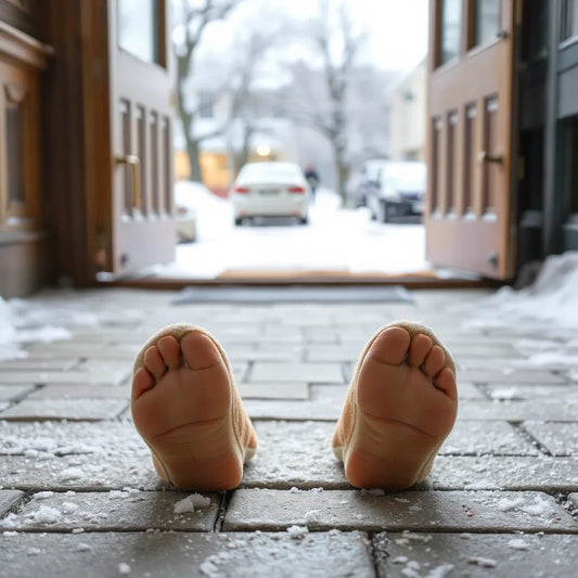 Pár teplých barefoot bot na zasněženém chodníku s viditelně flexibilní tenkou podrážkou