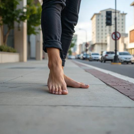 Muž v barefoot botách s výrazně prostornou špičkou a flexibilní podrážkou na chodníku